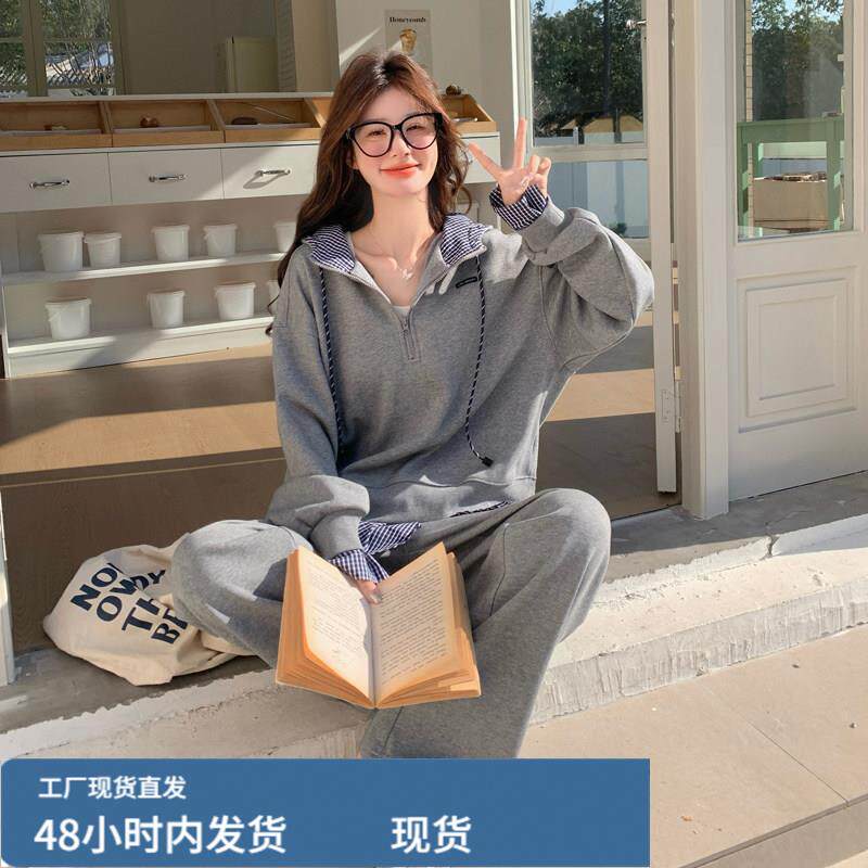 假两件卫衣运动服套装女春秋季学生韩版宽松时尚阔腿裤休闲两件套