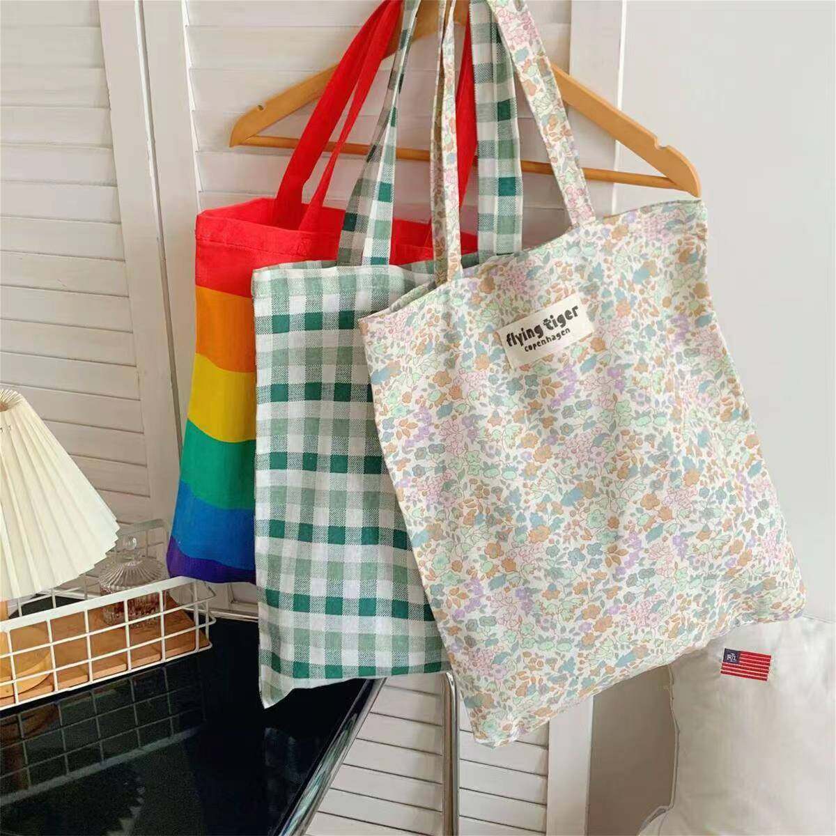 丹麦碎花帆布袋女单肩包大学生上课手提袋条纹清新条纹逛街购物袋