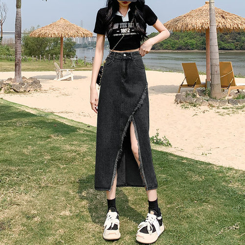 women's Black gray high waisted denim skirt burrs, A-line