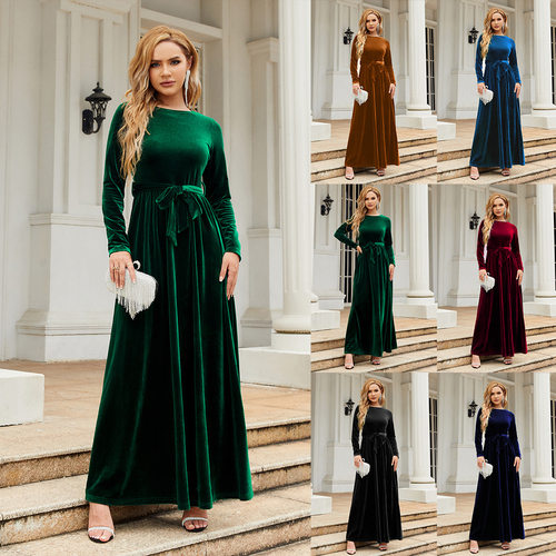 women's Temperament long gold velvet dress A-line skirt