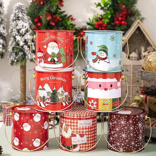 New Christmas Handheld Round Bucket Iron Storage Box gift