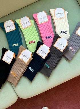现货韩国袜子 东大门MARCA糖果色刺绣字母时尚潮搭女袜长高腰棉袜