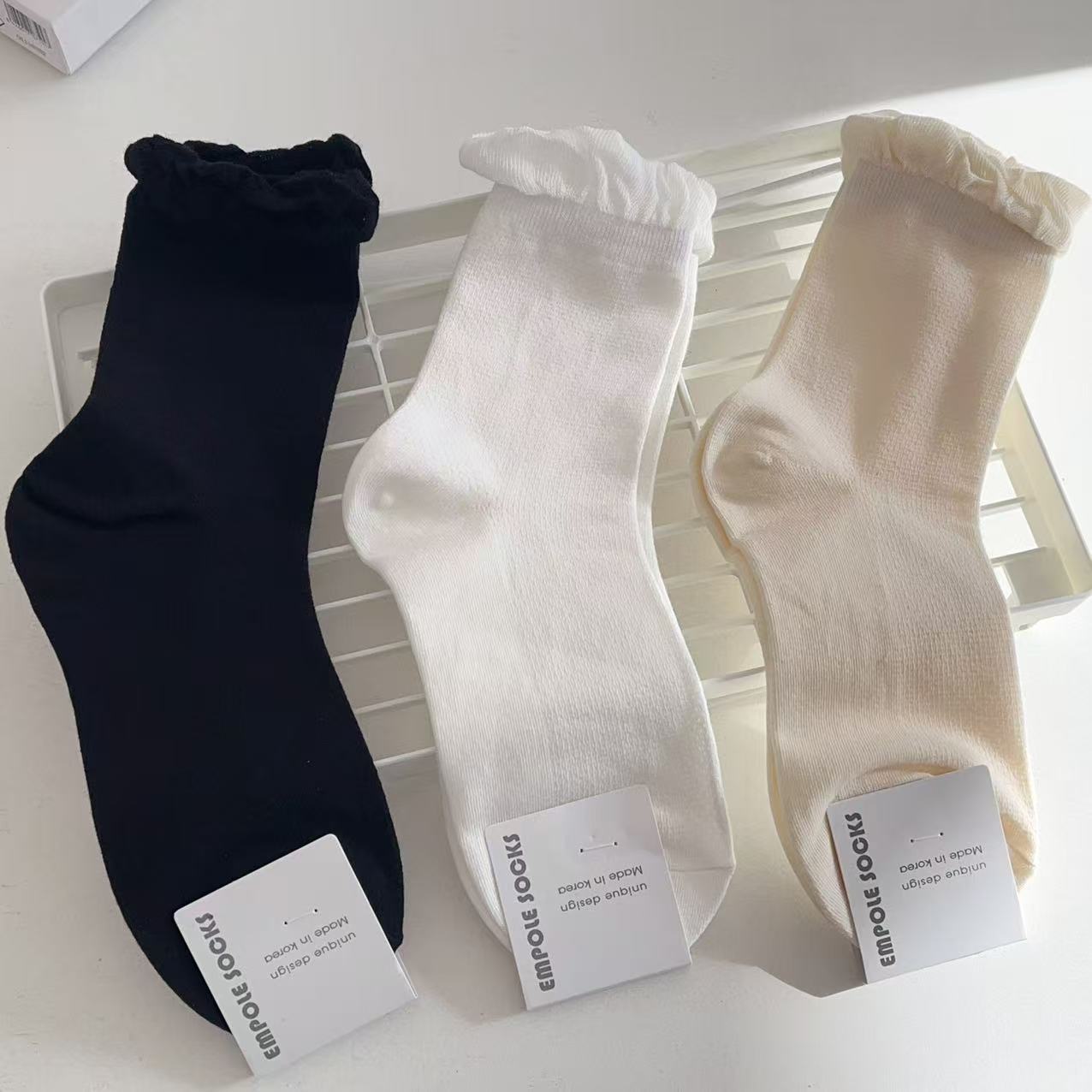 韩国袜子empolesocks纯色宫廷风泡泡口花边淑女中筒袜 东大门棉袜