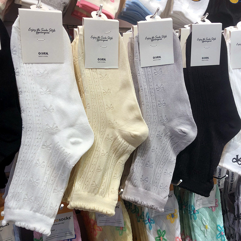 春夏新款透气网眼薄棉袜韩国ggorangnae镂空蝴蝶结女生纯色中筒