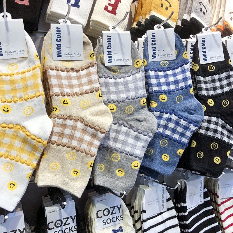 【现货】韩国进口袜子森系格子少女袜vivid可爱笑脸日系中筒棉袜