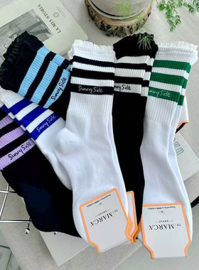 跨境代发秋冬高帮女棉袜时尚潮流字母三条杠白花边MARCA韩国袜子