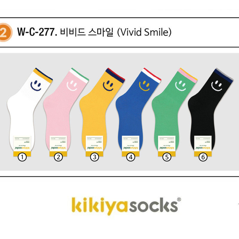 现货批发韩国袜子 kikiyasocks春夏简笔画笑脸拼色条纹潮搭中筒袜