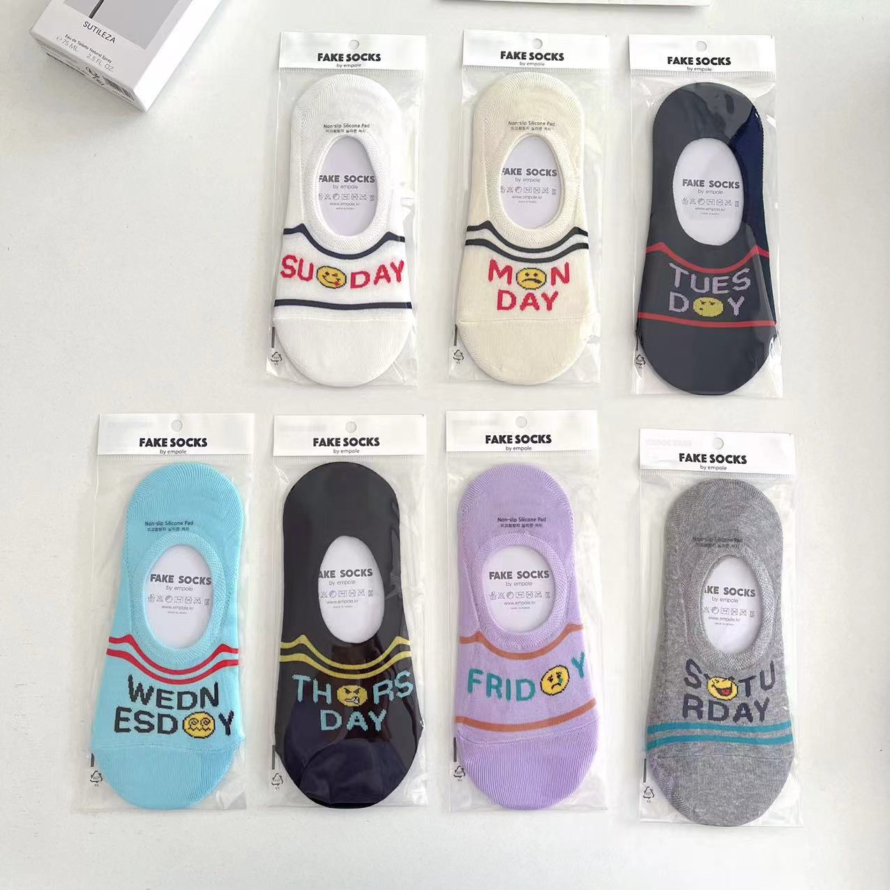 韩国东大门船袜empolesocks春夏条纹字母笑脸星期袜子 夏薄款棉袜