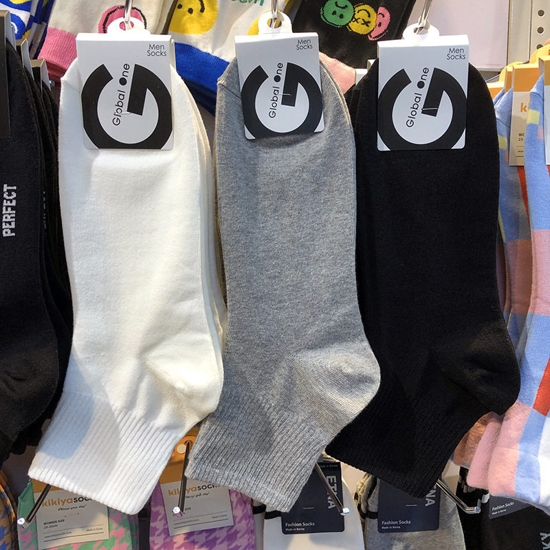2023韩国春夏新款男士袜子黑白灰色商务短筒棉袜纯色简约低腰男袜