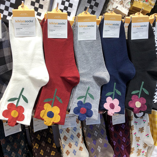 袜子女中筒袜韩国可爱花朵女生中筒袜ins郁金香中腰棉袜秋冬厚款