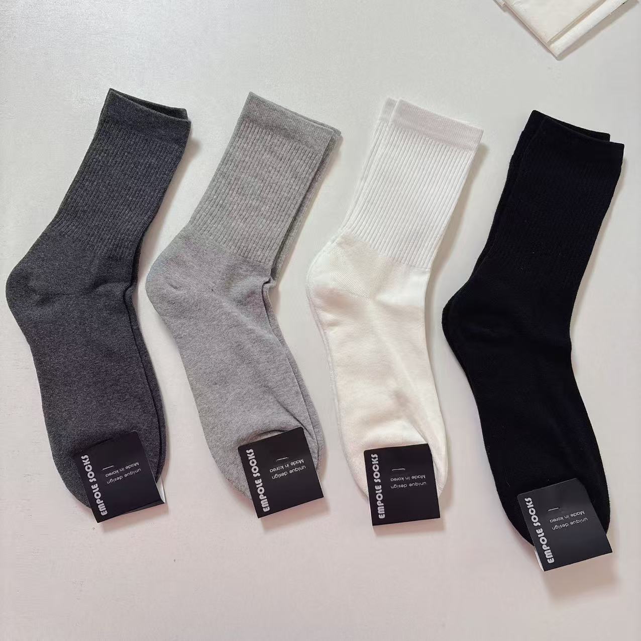 韩国袜子毛巾底男袜简约纯色螺纹袜口休闲运动风棉袜男士长筒袜