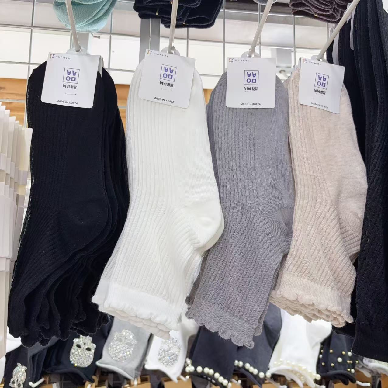 韩国进口袜子薄透花边袜口纯色半透女袜中筒短袜透气女袜