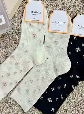 新品春夏薄棉中筒女袜甜美森系网眼植物花卉袜MARCA韩国袜子