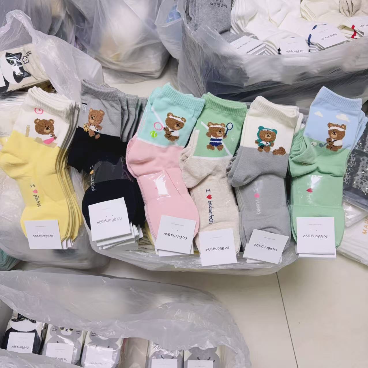 韩国进口袜子nobbangggu春夏卡通网球小熊运动拼色棉袜中筒袜女袜