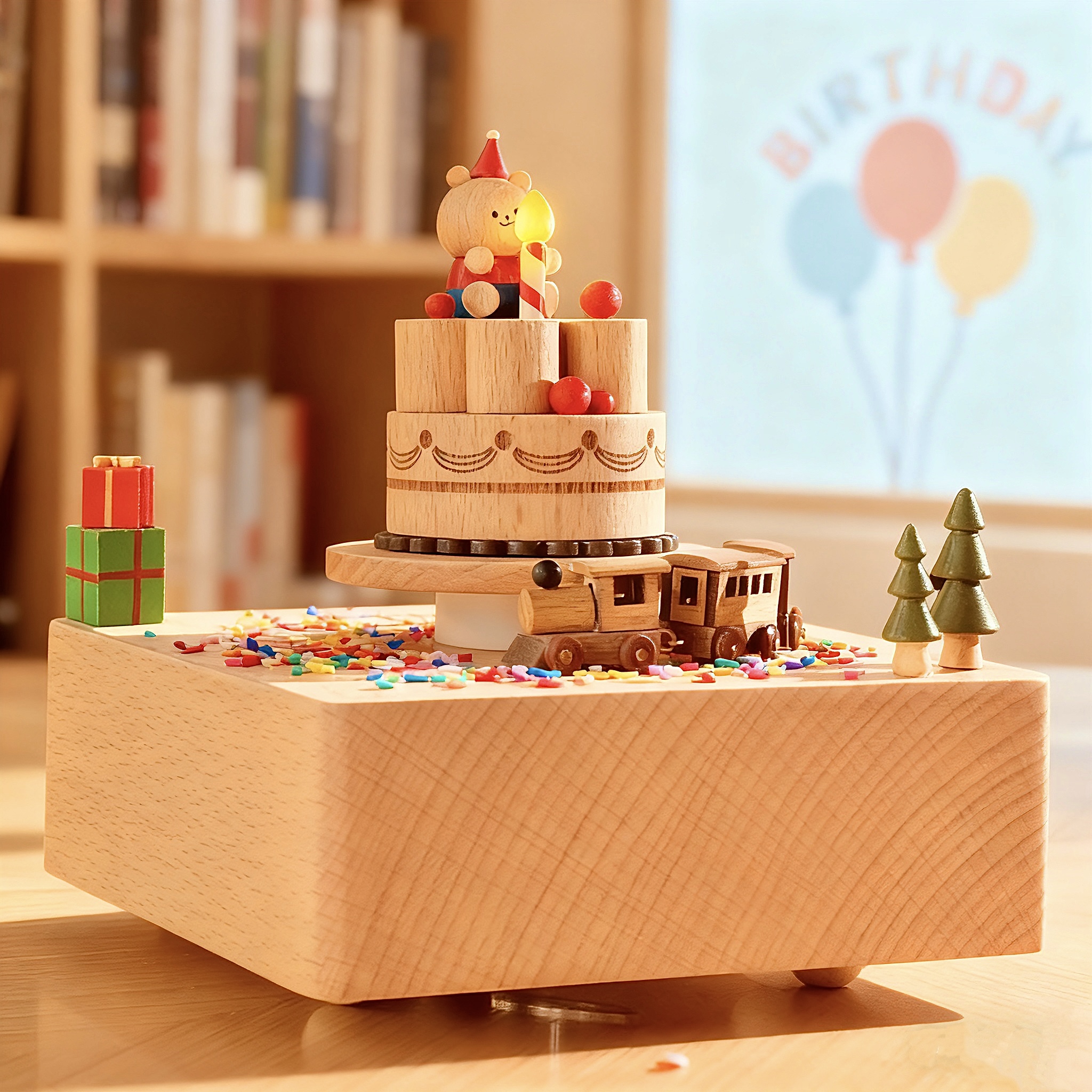 火车绕圈旋转 可爱蛋糕造型 可以播放音乐