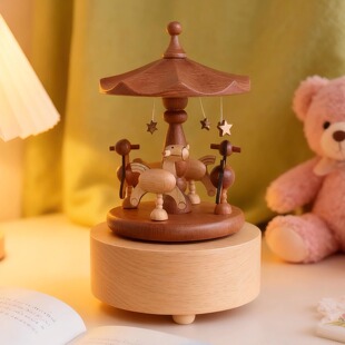 Jeancard木质旋转木马音乐盒八音盒天空之城生日新年礼物送女生友