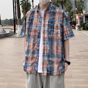 夏季新款短袖衬衫男蓝色格子时尚休闲破洞半袖衬衣7223P48图片