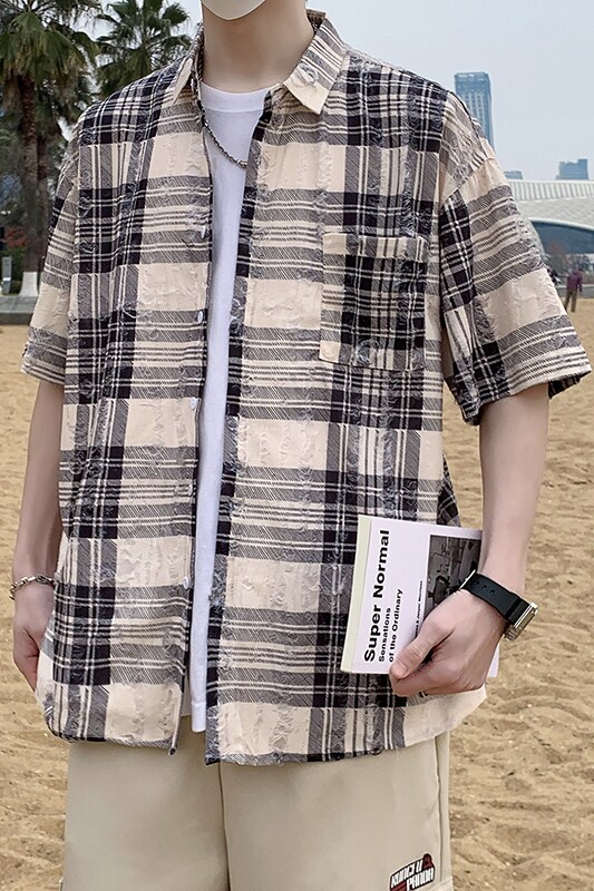 夏季新款短袖衬衫男黑色蓝色格子时尚休闲破洞半袖衬衣7222P48,男装T恤,电商A056