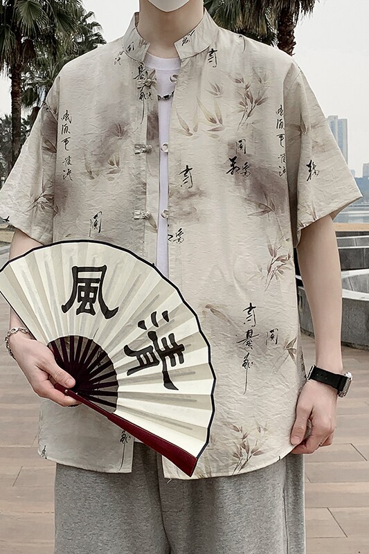 男士夏季风薄款复古盘扣汉服五分袖衬衣新中式男装7007P40,男装T恤,电商A056