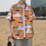 港风短袖衬衫男士丝光棉免烫花衬衣男胖子宽松印花半袖7230P35，男装T恤，电商A056