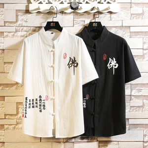 风盘扣短袖衬衫男唐装古装棉麻汉服复古中山装A056-C145P33图片
