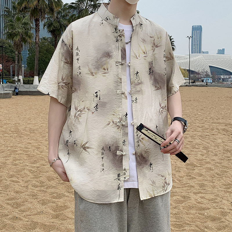 男士夏季风薄款复古盘扣汉服五分袖衬衣新中式男装7007P40,男装T恤,电商A056
