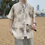 男士夏季风薄款复古盘扣汉服五分袖衬衣新中式男装7007P40，男装T恤，电商A056