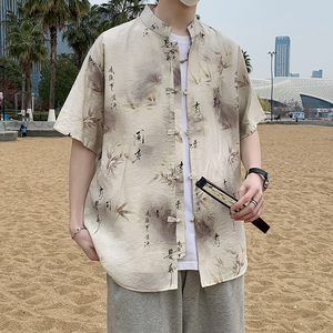 男士夏季风薄款复古盘扣汉服五分袖衬衣新中式男装7007P40