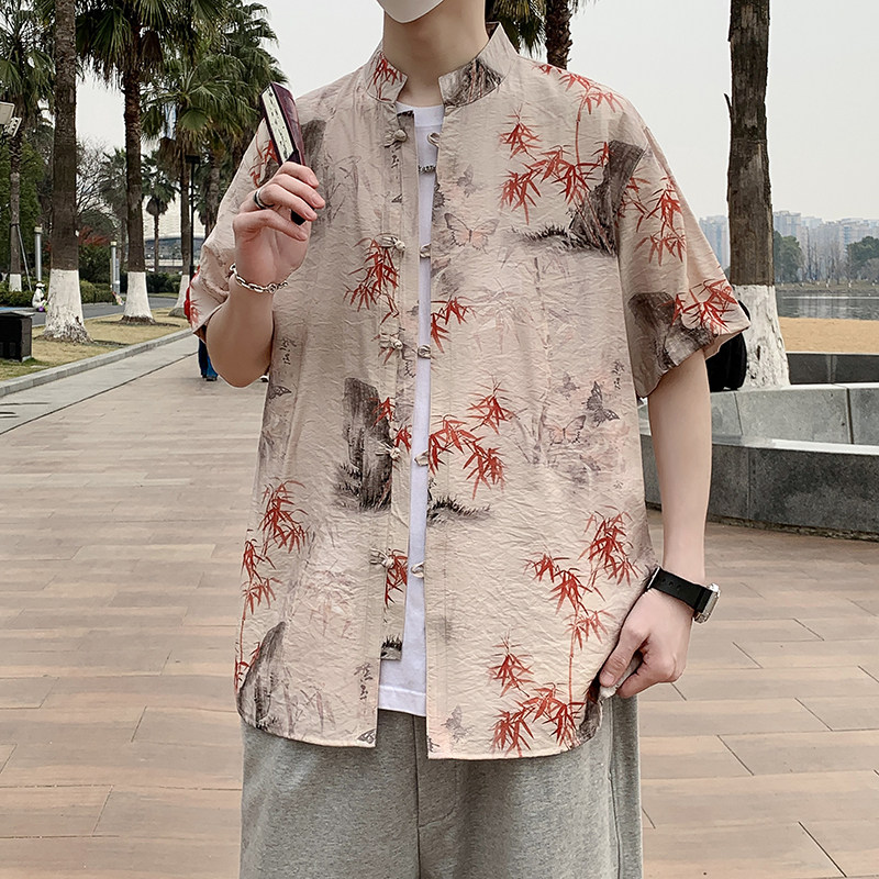 风男士夏季薄款复古盘扣汉服短袖衬衣新中式男装7008P40,男装T恤,电商A056