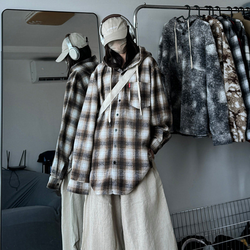 磨毛加厚格子中性休闲衬衫外套卡其色男连帽衬衫夹克A056-5720P55，男装夹克，电商A056