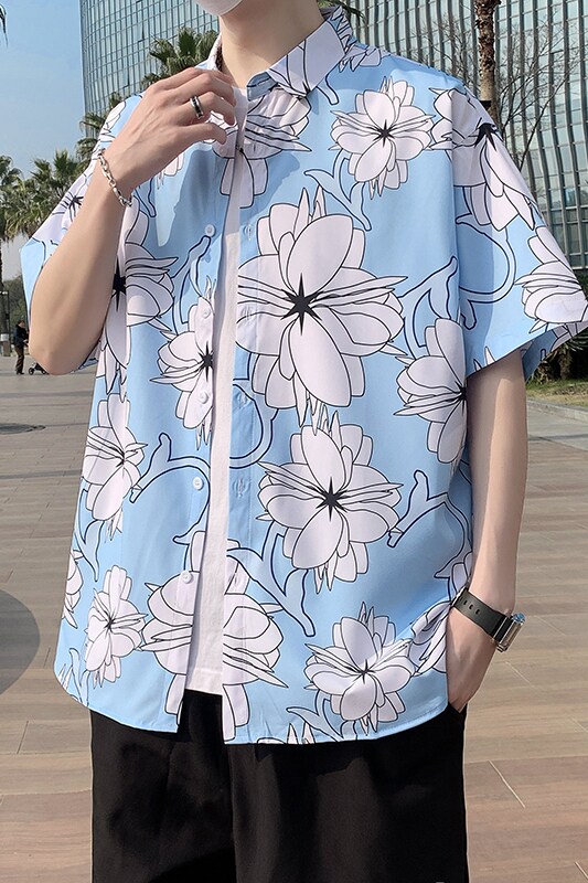 夏季短袖衬衫男士丝光棉免烫花衬衣港风男宽松印花半袖7231P35,男装T恤,电商A056