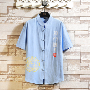 夏季大码风盘扣短袖衬衫男汉服复古中山装A056-C143P33图片