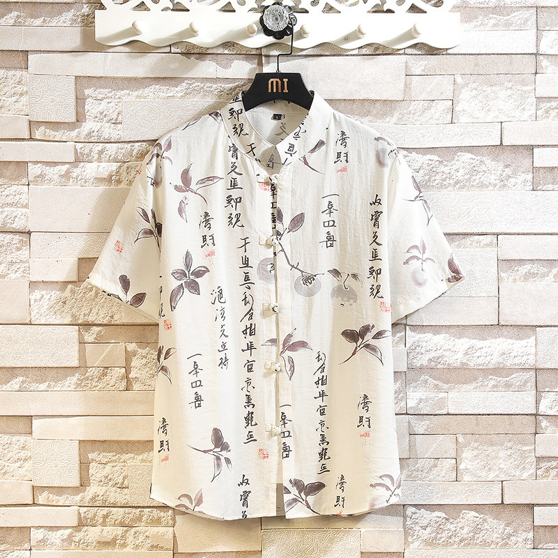 新中式盘扣短袖衬衫男夏季风印花衬衣宽松休闲上衣7009P40，男装T恤，电商A056