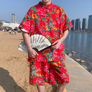 东北大花夏季新中式夏威夷短袖T恤+沙滩中裤T203套装特P45图片