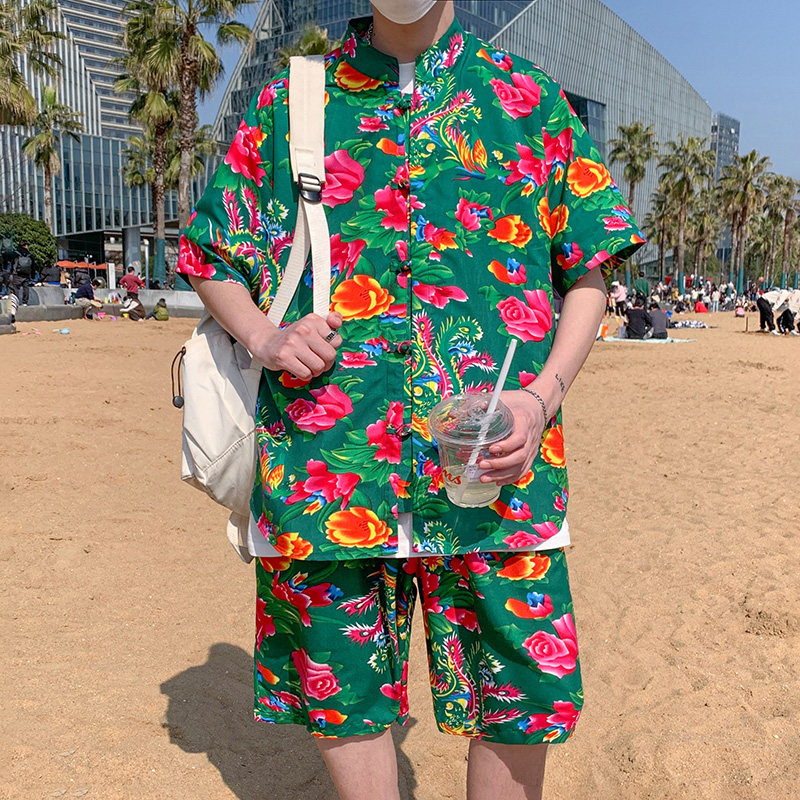 东北大花风复古盘口短袖衬衫+休闲中裤C138套装特P50,男装T恤,电商A056