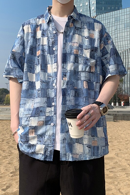 夏季新款短袖衬衫男蓝色格子时尚休闲半袖衬衣破洞7221P48,男装T恤,电商A056