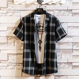 格子潮港风日系青年男短袖衬衫5672P35，男装T恤，电商A056