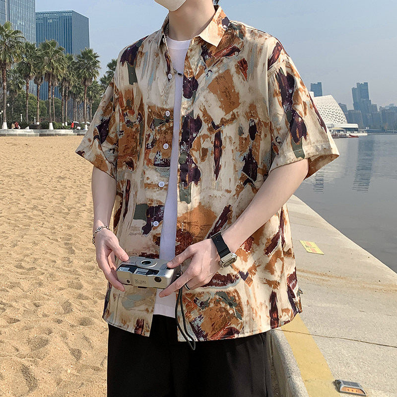 港风冰丝花衬衫短袖男夏威夷沙滩衬衣宽松休闲薄款外套7237P40,男装T恤,电商A056