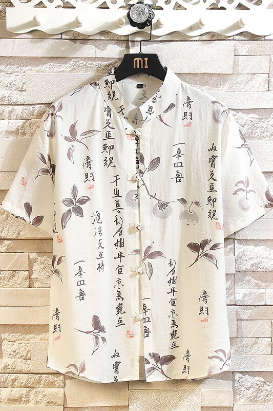 新中式盘扣短袖衬衫男夏季风印花衬衣宽松休闲上衣7009P40,男装T恤,电商A056