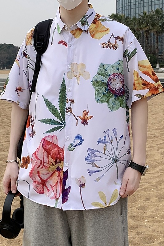夏季短袖衬衫丝光棉免烫花衬衣男胖子宽松印花半袖7229P35,男装T恤,电商A056