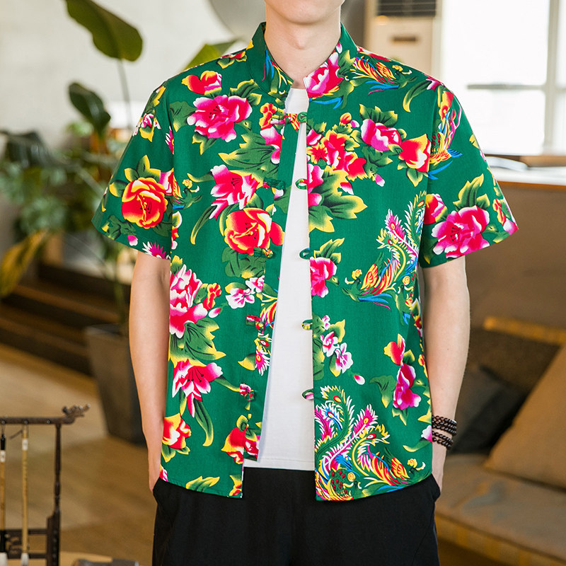 风牡丹花东北大花盘扣男休闲复古短袖潮衬衫A056-C138P35,商品下架区,电商A056