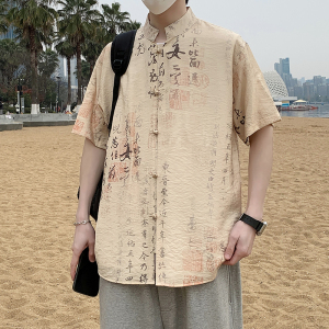 新中式春夏风男装盘扣唐装汉服短袖衬衫衬衣7012P40图片