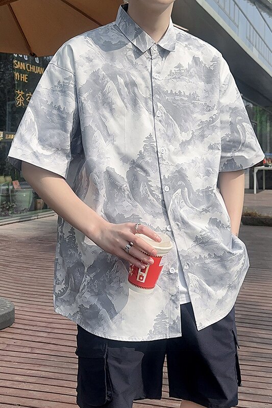 C324短袖衬衫男夏季新款港风宽松印花衬衣P35,男装T恤,电商A056
