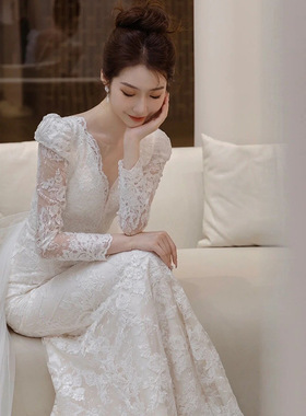 秋冬长袖蕾丝轻婚纱2024新款新娘法式出门迎宾纱拖地鱼尾礼服裙