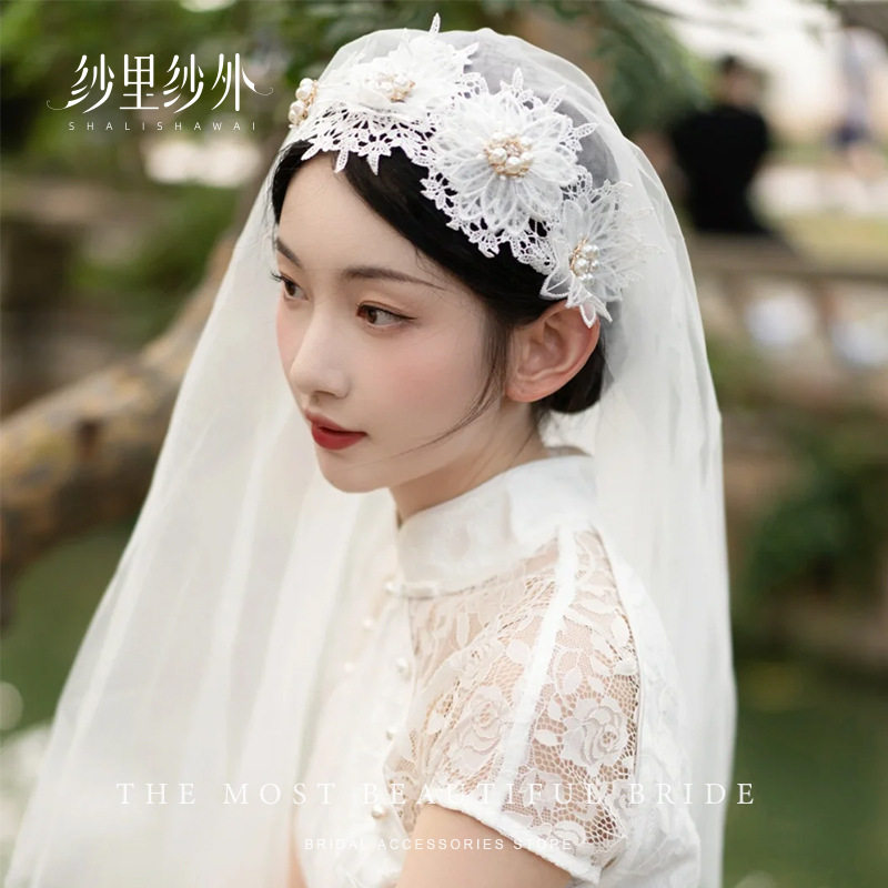 复古民国风蕾丝珍珠软头纱发箍帽式领证求婚新中式旗袍礼服头饰品
