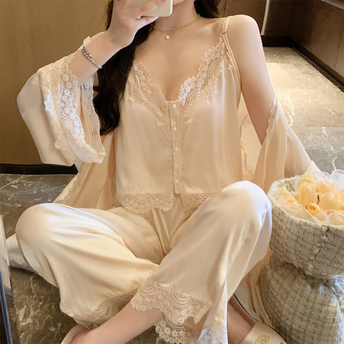 秋季睡衣女款春冰长袖纯欲风蕾吊带秋天薄款三件套家居服1011d