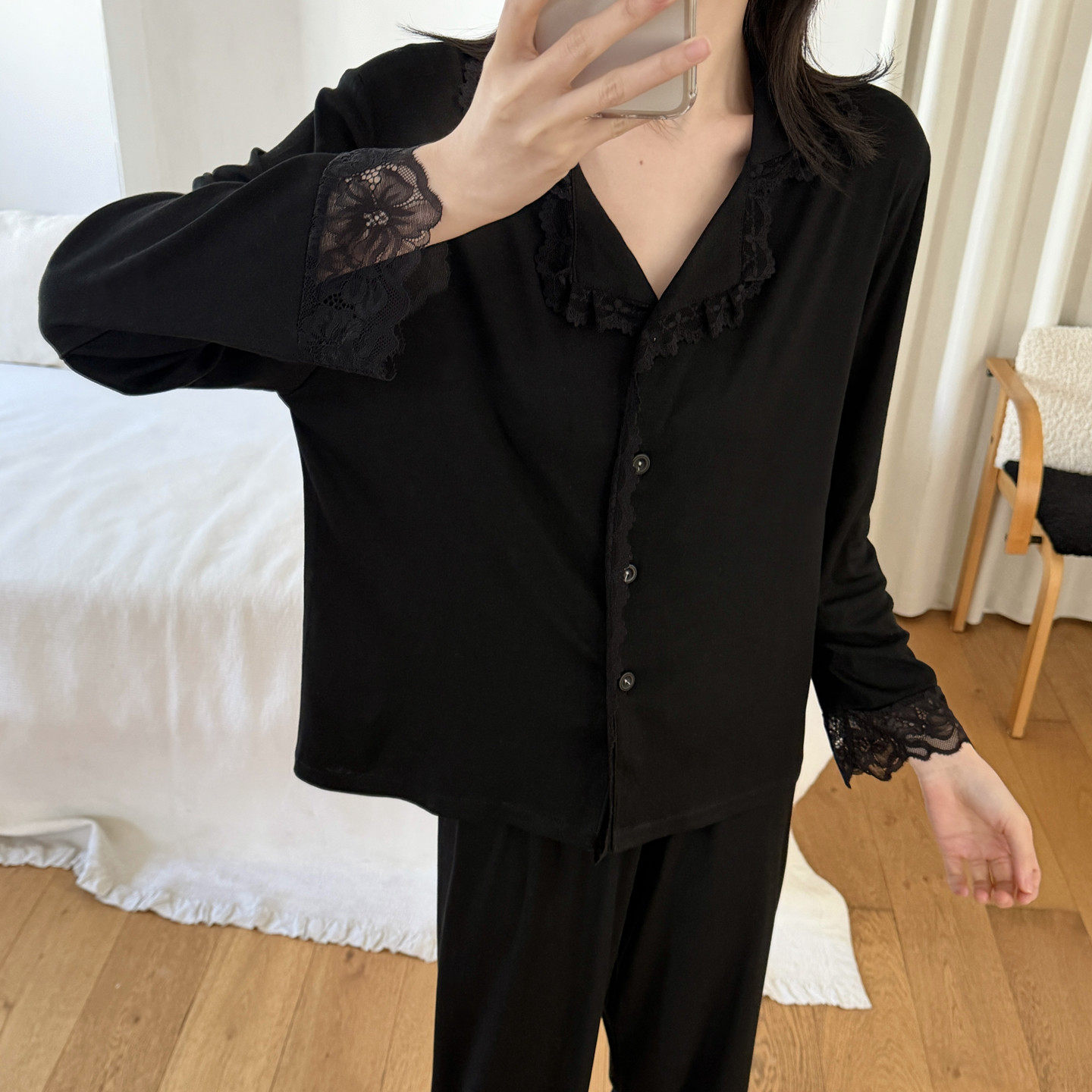 莫代尔睡衣女士春秋季长袖2026新款黑色蕾丝花边高级感家居服套装