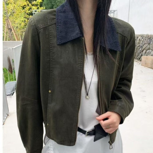 复古撞色拼接植鞣皮短款外套女