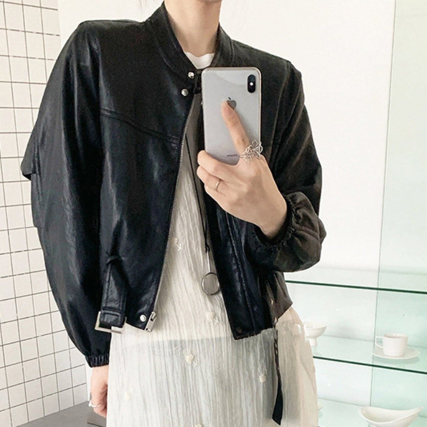 黑色皮衣外套女短款2023春装新款宽松显瘦蛋白皮夹克机车服小个子,女装/女士精品,皮衣,淘宝优惠券,粉丝福利购,淘宝优惠卷