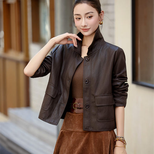 宽松休闲翻领短款机车皮衣外套女